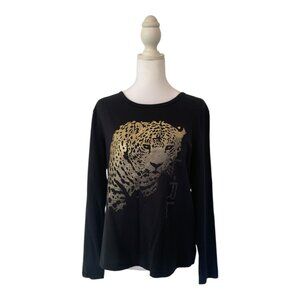 Ralph Lauren Active Graphic Cheetah Top Black Metallic Gold Soft 100% Cotton L